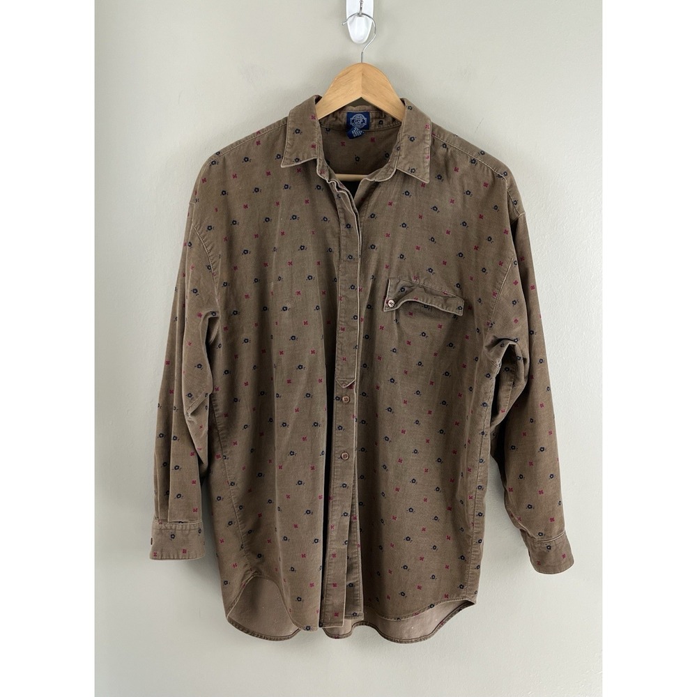 Gap Vtg Shirt Corduroy Y2K Cotton Long Sleeve Floral Print Brown Sz‎ Lg Cotton